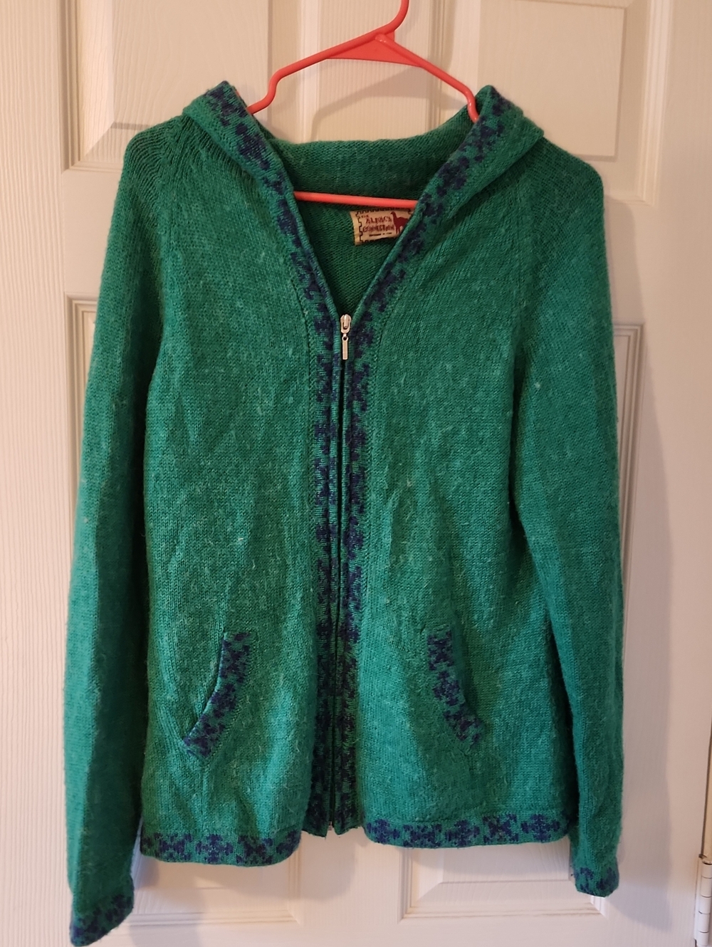 Alpaca Connection Green Hooded Cardigan Zip Sweater with Navy Trim
